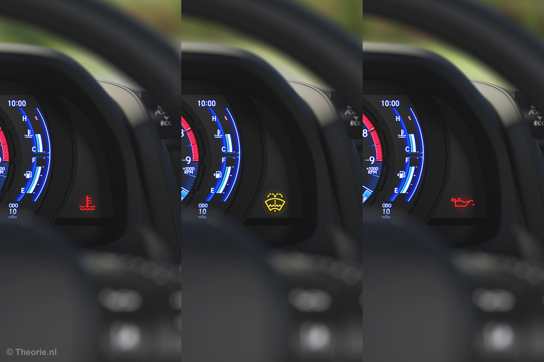dashboard lampjes temperatuur, ruitenwisservloeistof en motorolie auto theorie cbr vraag